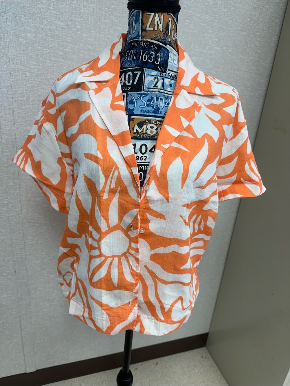 Fabletics Orange and White Floral Button-Down Shirt and Shorts.. Matching Outfit